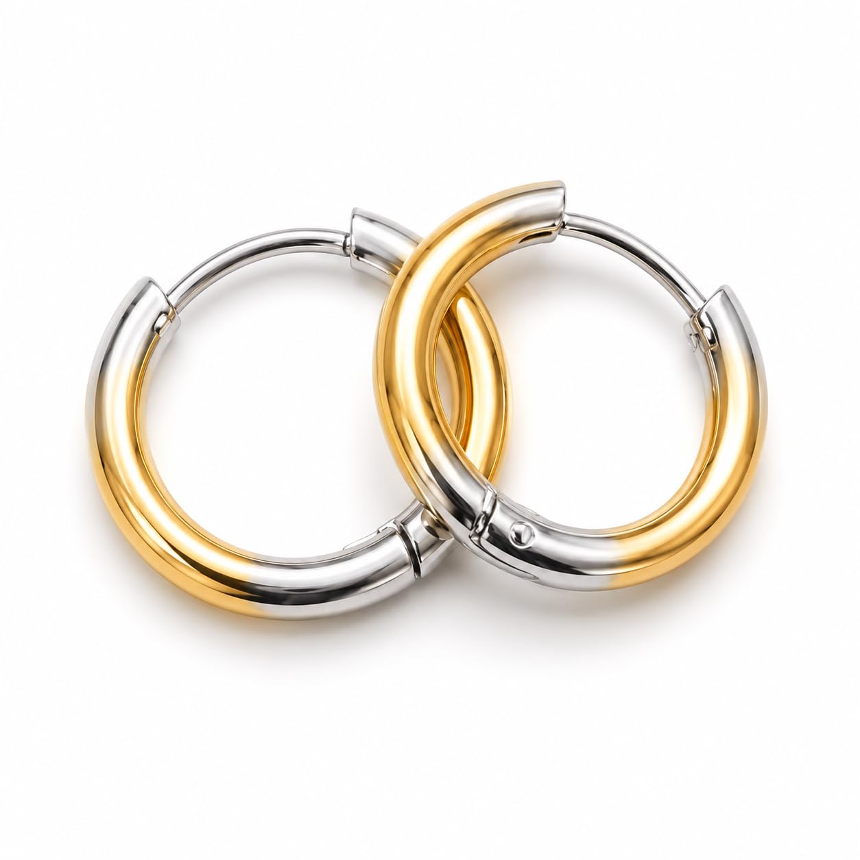 Two-Tone Gold & Silver Hoop Earrings for Men & Women | Stainless Steel Huggie Hoop Earrings | Hypoallergenic Hinged Click-Top Small Round Earrings | Lightweight Daily Wear Jewelry Pair-image-37