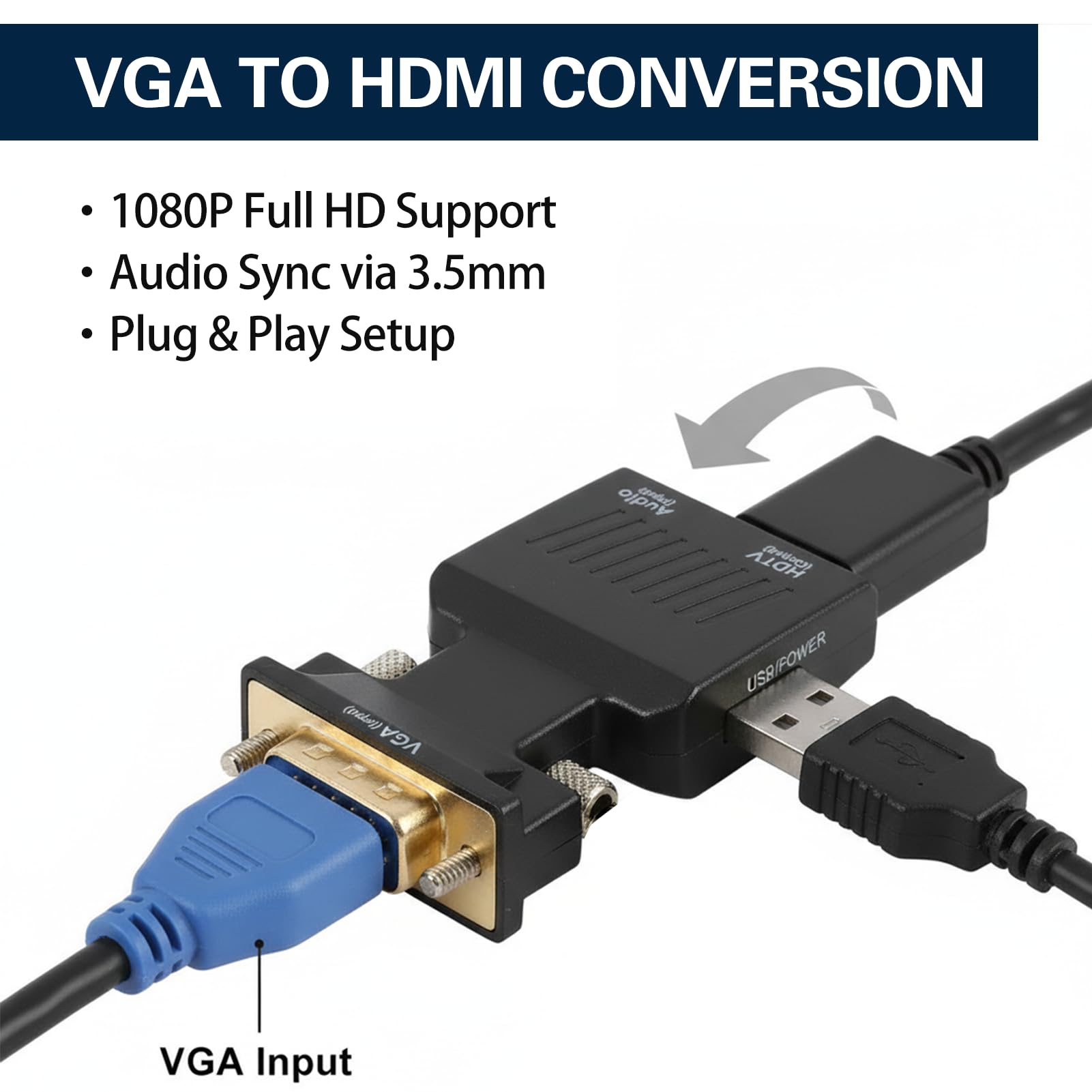 Adaptateur VGA vers HDMI avec Audio, 1080P Convertisseur VGA Mâle vers HDMI Femelle avec Jack 3.5 mm et Câble d'Alimentation USB, Unidirectionnel pour PC, Ordinateur Portable, TV, Moniteur, Projecteur