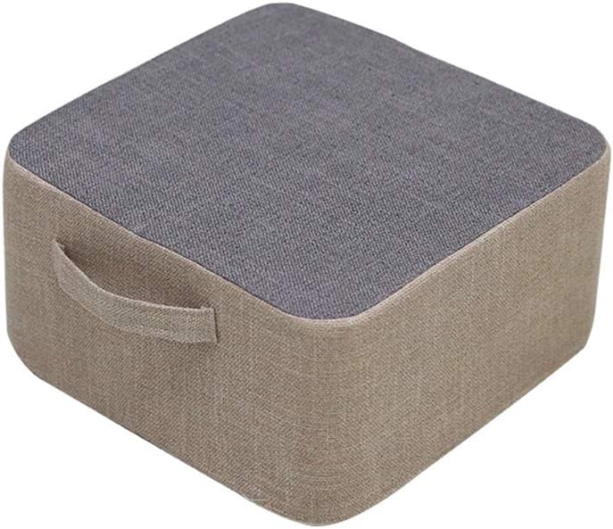 Linen Square Thick Futon Floor Pouf Seat Cushion Movable Tatami Stool Washable Case for Living Room Bedroom Balcony Bay Window 15.3×8 ", (Beige&Grey)
