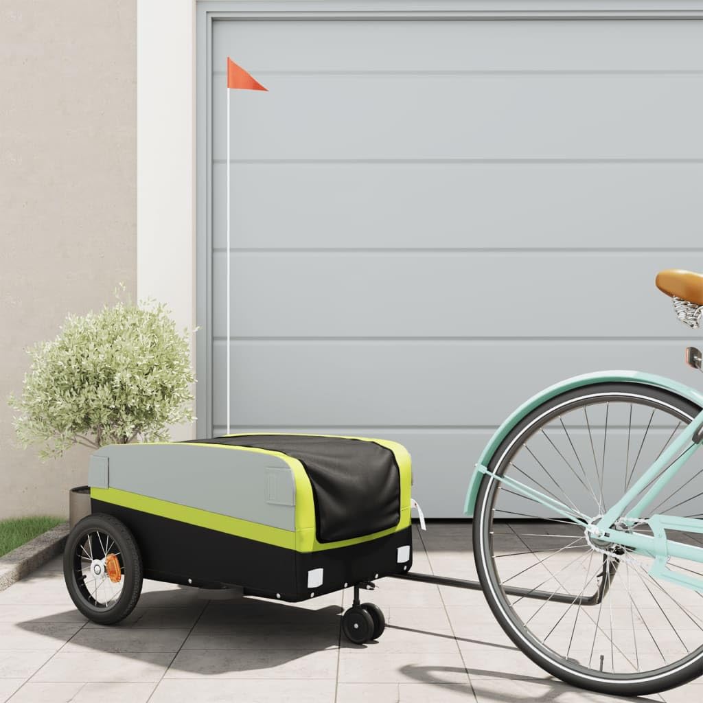 Rimorchio Bici Nero in Ferro con Portata, x 52.5x42, con Bandiera di Sicurezza, Pieghevole per Trasporto Bagaglio, Carico, Cani, Bambini, Outdoor e Quotidiano