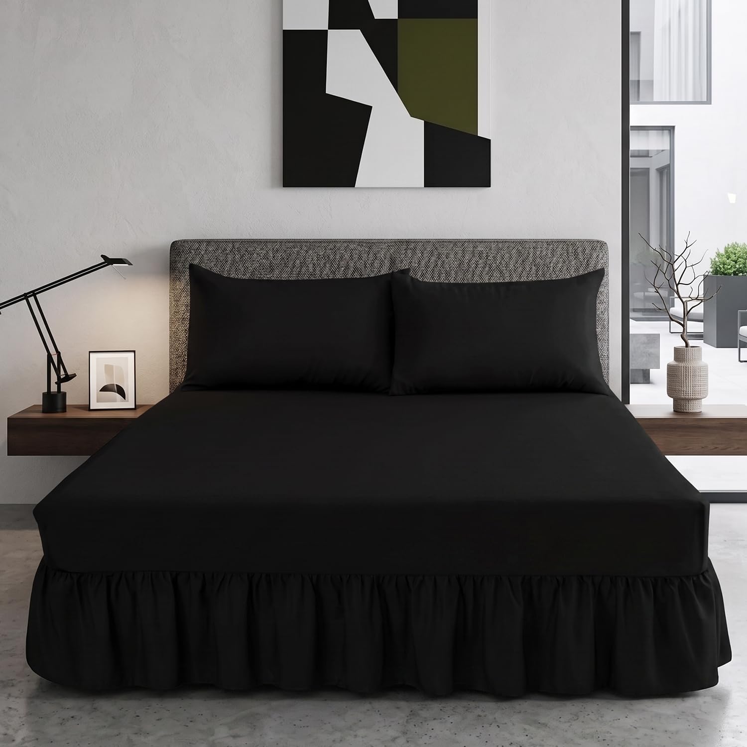 Trendy Relam Extra Deep Frilled Valance Sheet 40cm - Soft Brushed Polycotton, Non Iron Easy Wrap Elastic Sheet (Small Double, Black)