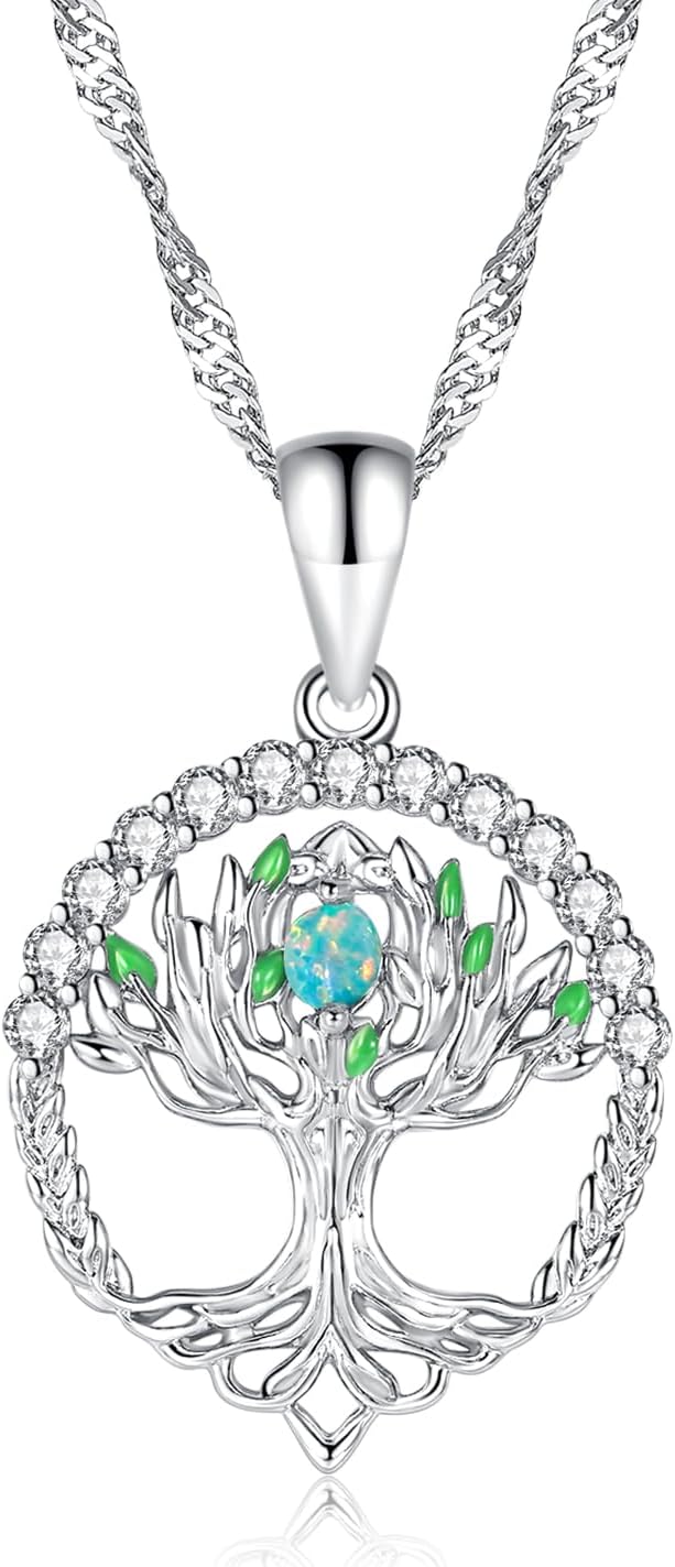 CiNily Tree of Life Necklace for Women Family Tree Pendant Necklaces 14K White Gold Plated Created Opal Tree of Life Pendant Birthstone Necklace Gemstone Birthday Jewelry