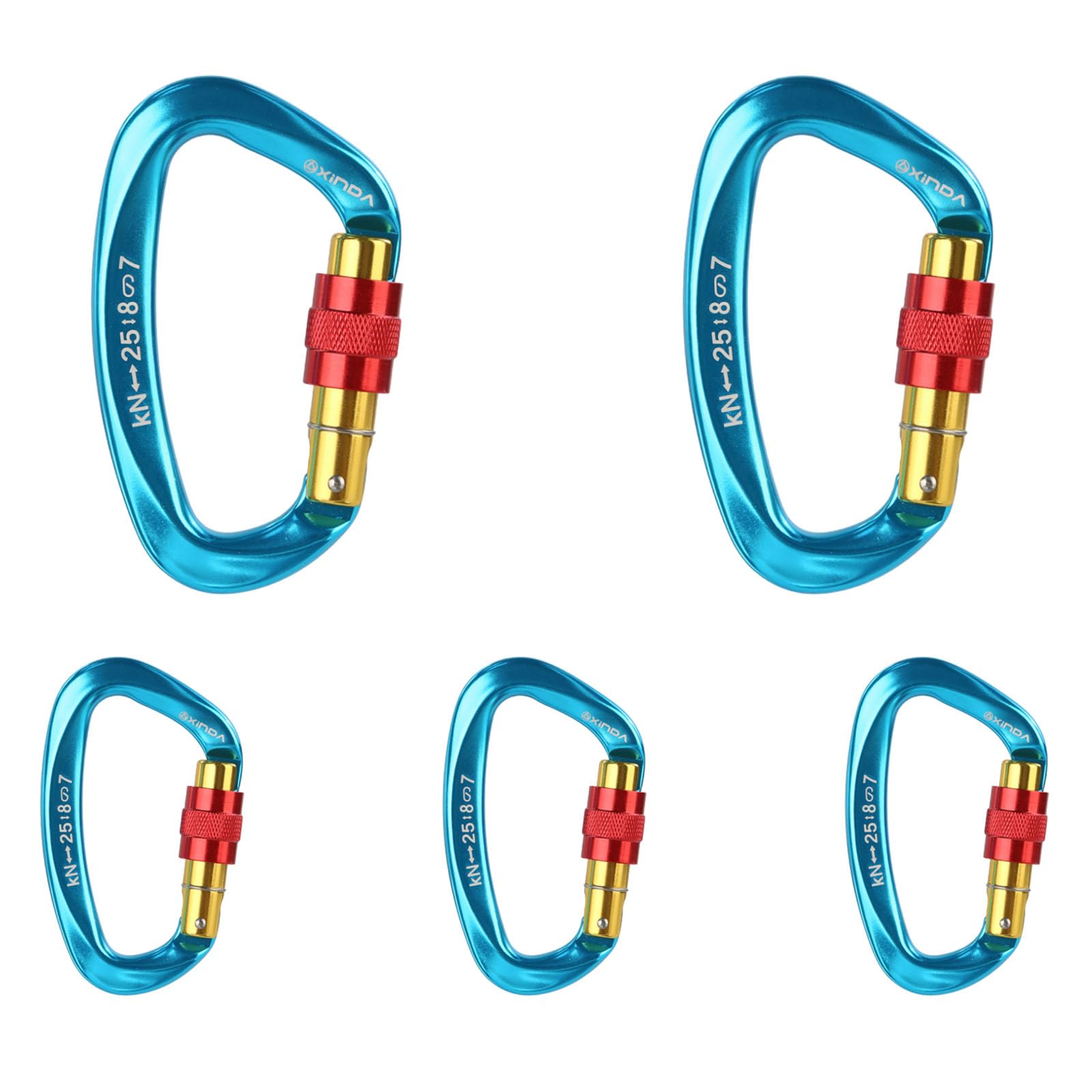 5 STK. Karabinerhaken mit sicherem Schraubverschluss, 25 kN Kletterkarabiner aus Aluminiumlegierung, D-Form, UIAA und CE geprüft, für Klettern, Wandern, Abseilen, blau, 10 x 5,6 x 1 cm