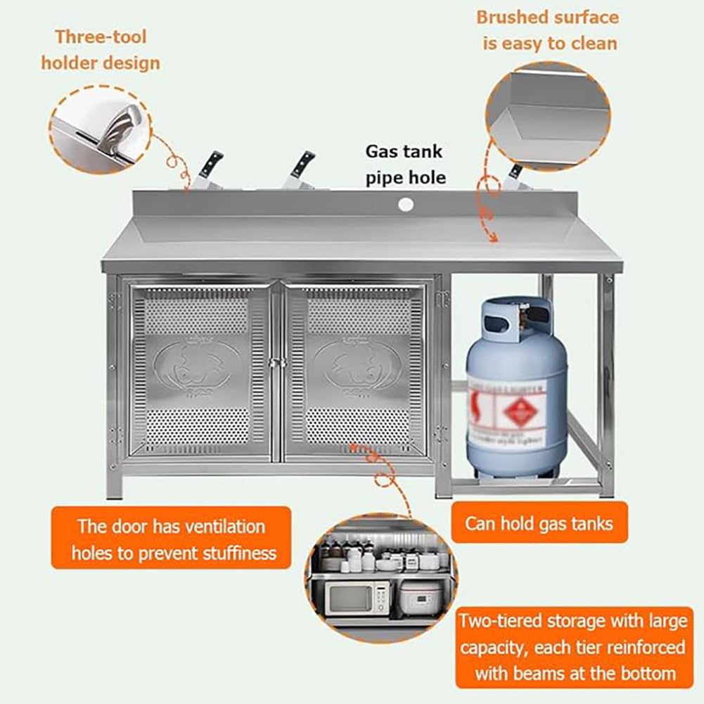 Banco per La Preparazione del Cibo in Acciaio Inox A Doppia Porta con Armadietti E Ripiani Aperti, Piano di Lavoro Cucina Multiuso A Due Livelli con Alzatina Rialzata,Al150×w50×h75cm