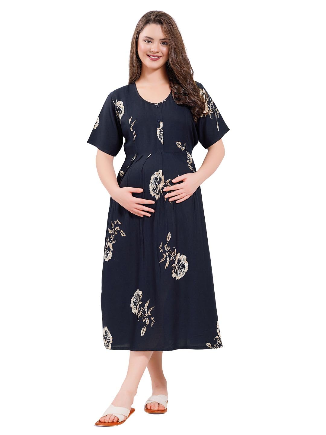 Long Maternity Nighty | Comfortable & Stylish Pregnancy Sleepwear | Viscose Nightdress for Expecting Mothers | Ideal for All-Season Comfort-image-13