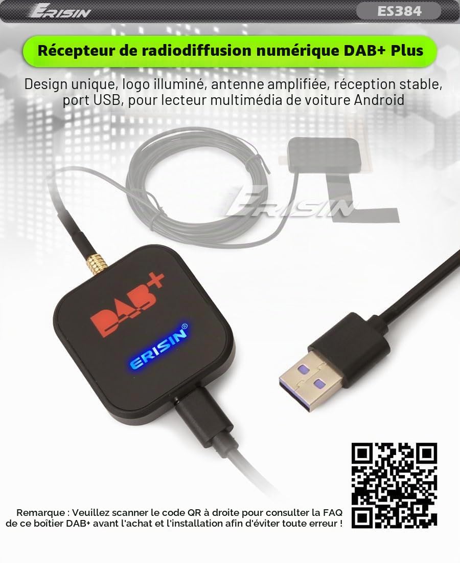 ERISIN Radio numérique Dab+ avec kit d'antenne amplifiée pour autoradio Android 11/12 / 13/14
