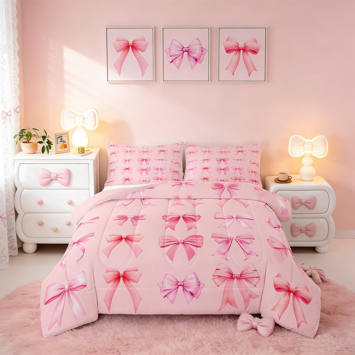 Feelyou Pink Bowknot Comforter Set Twin Size Cute Bow Bedding Set for Kids Boys Girls Kawaii Dreamy Princess Duvet Quilt Bedroom Decor Microfiber 2 Pcs with 1 Pillow Cases