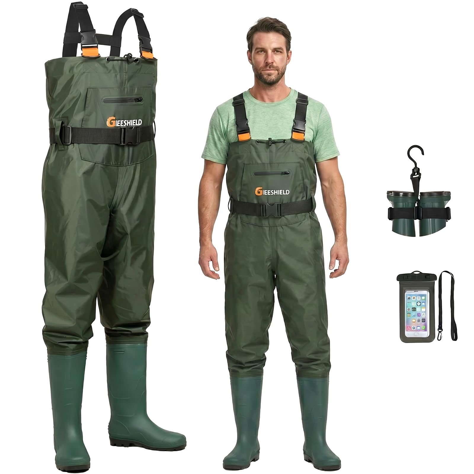 GIEESHIELD Waterproof Bootfoot Chest Waders – Lightweight 2-Ply Nylon/PVC for Fishing & Hunting with Boot Hanger