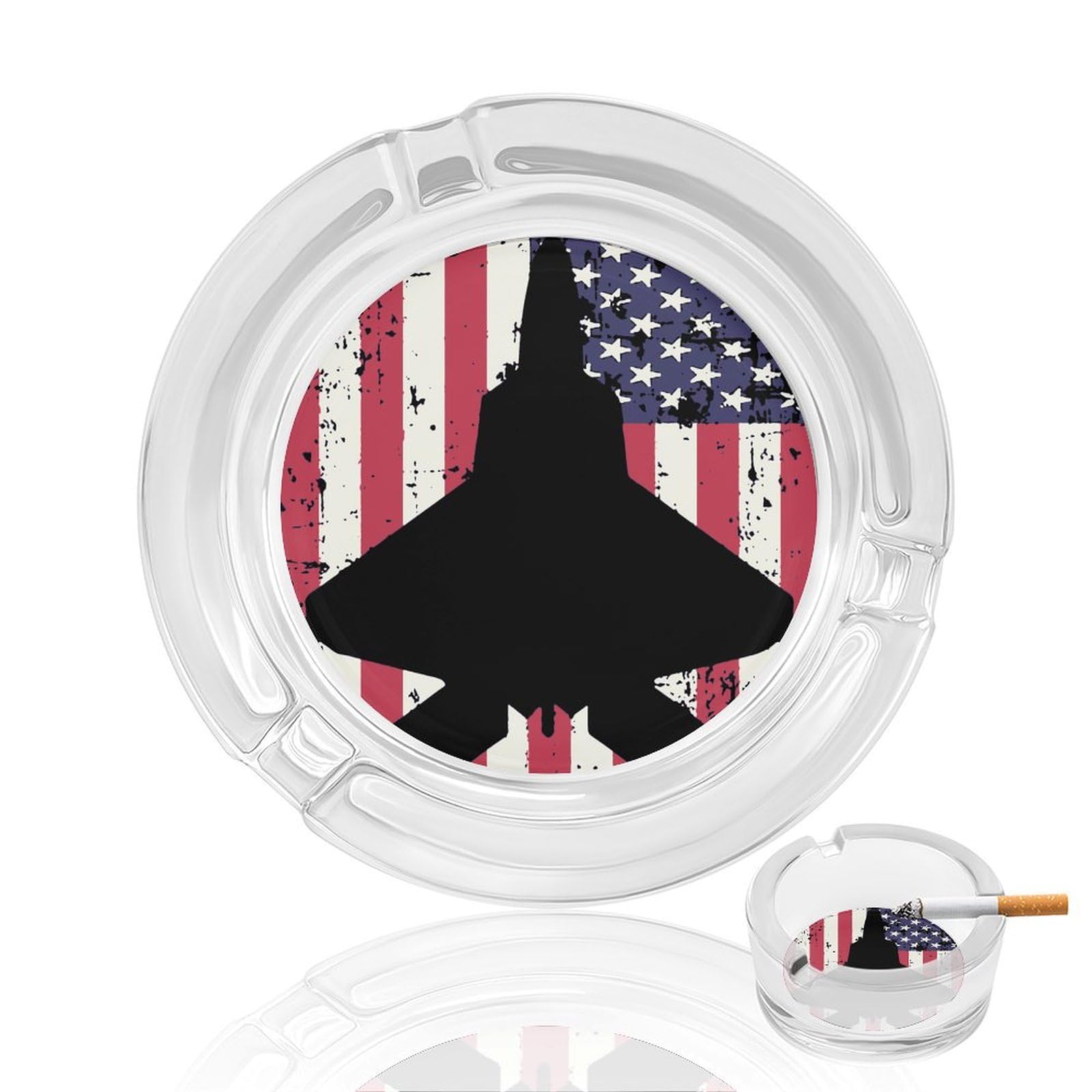 Patriotic F-22 Raptor Fighter Jet Americans-flag Ashtray Portable Round Glass Outdoor Ash Tray for Home Office Garden Pub
