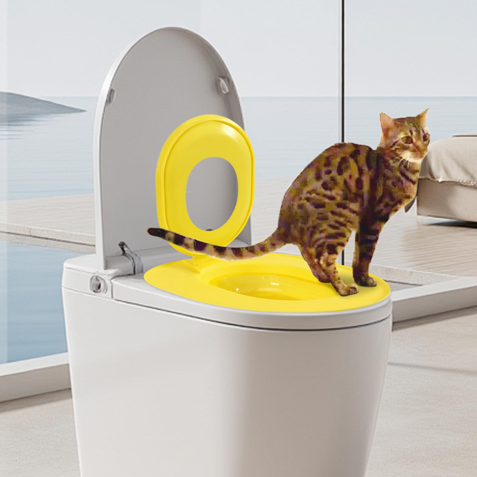 Cat Toilet Seat Training Kit, Cat Toilet Traiining System, Teach to Use, Reusable Thrainer, Trainig Seat Tool, Box for Pet Cleaning (Yellow)