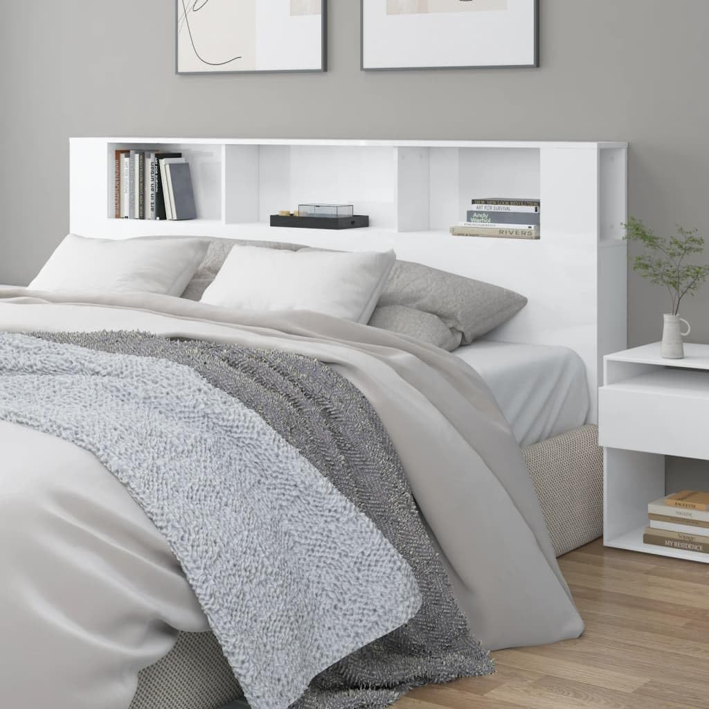 FIRBNUS Mueble cabecero Blanco Brillante 200x18,5x104,5 cm Cabecero Y Mesitas Cabecero con Almacenaje Muebles Dormitorio Mueble Almacenaje Adecuado para Cualquier Dormitorio Diseño Contemporáneo