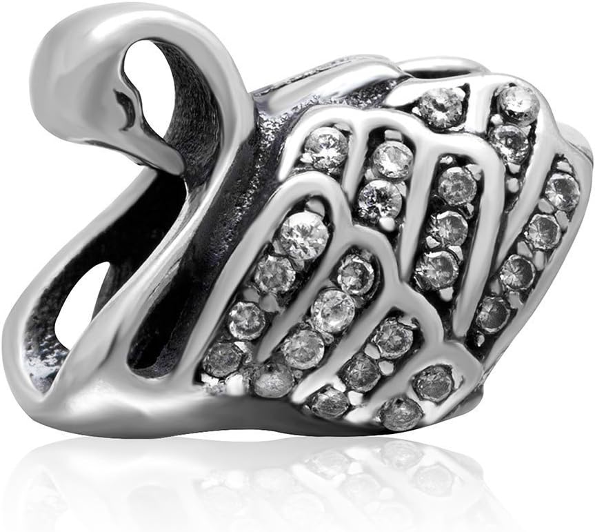 Fairy Swan Charm with Crystal 925 Sterling Silver Animal Bead Pet Charm for DIY Charms Charms Bracelet (B)