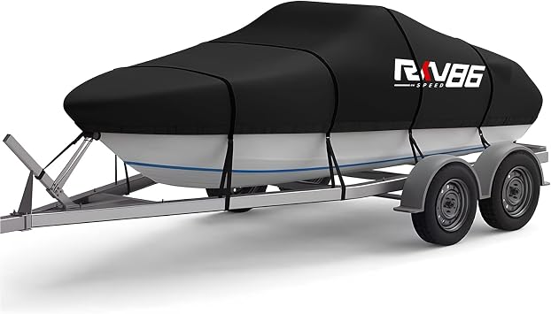 Trailerable Boat Cover, 17- 19 Heavy Duty 600D Waterproof Tarp Covers with Storage Bag, Marine Grade Polyester Canvas, Fits 17-19ft Bass Boat, V-Hull, Tri-Hull, Runabout Bowrider Boat Black