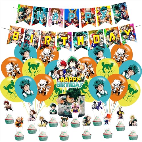 Cartoon For Academia of My Hero Birthday Party Supplies Set Birthday Decorations Set Include Banner Balloons Hanging Swirls Cake Cupcake Toppers for Boys Girls Party.