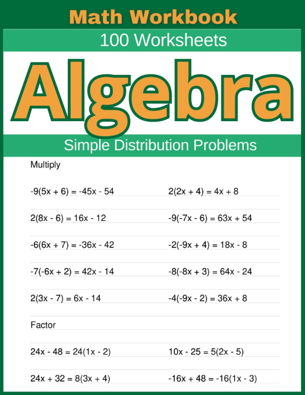 Algebra Simple Distribution Problems Math Workbook 100 Worksheets ...