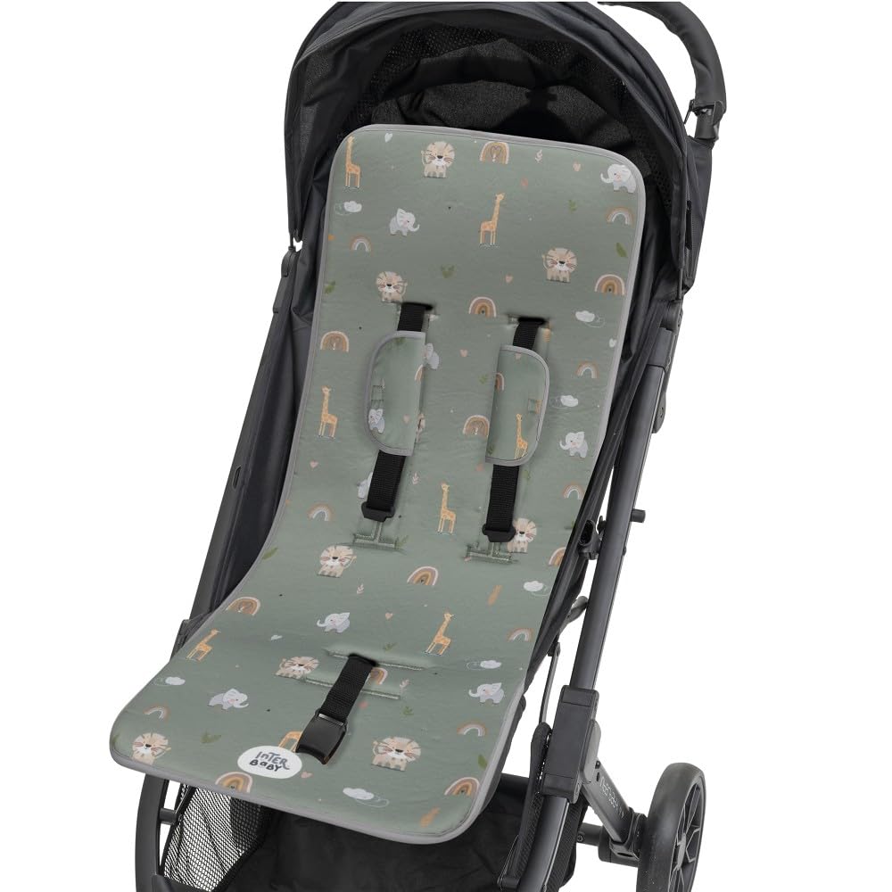 Interbaby Materassino per passeggino universale per estate | Safari verde | traspirante e confortevole | copertura per passeggino 100% cotone, 84 x 34 cm, protezioni per imbracatura