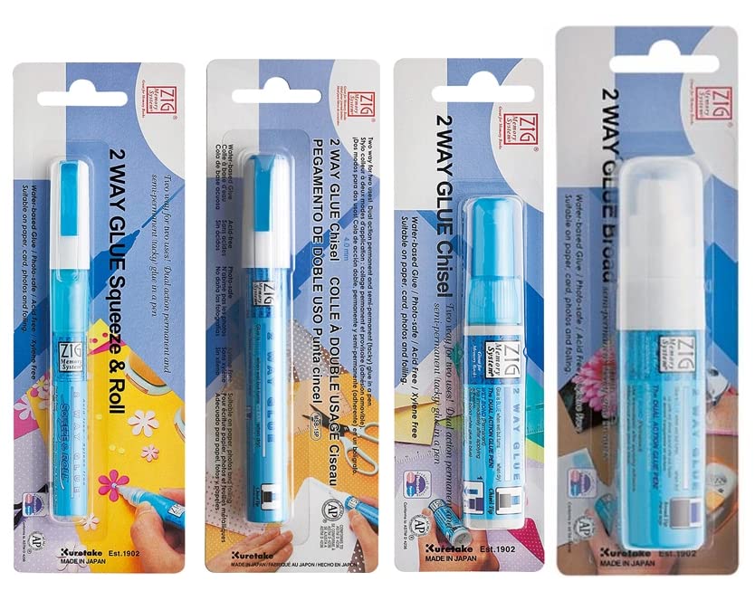 ZIG MEMORY SYSTEM 2 WAY GLUE Blister Squeeze & Roll 4 Pen Set TIP SIZE:1,2,4,15 mm TIP are available.Best for Kids Artists Crafters Perfect for Scrap booking Craft Card Making. AP-Certified JAPAN
