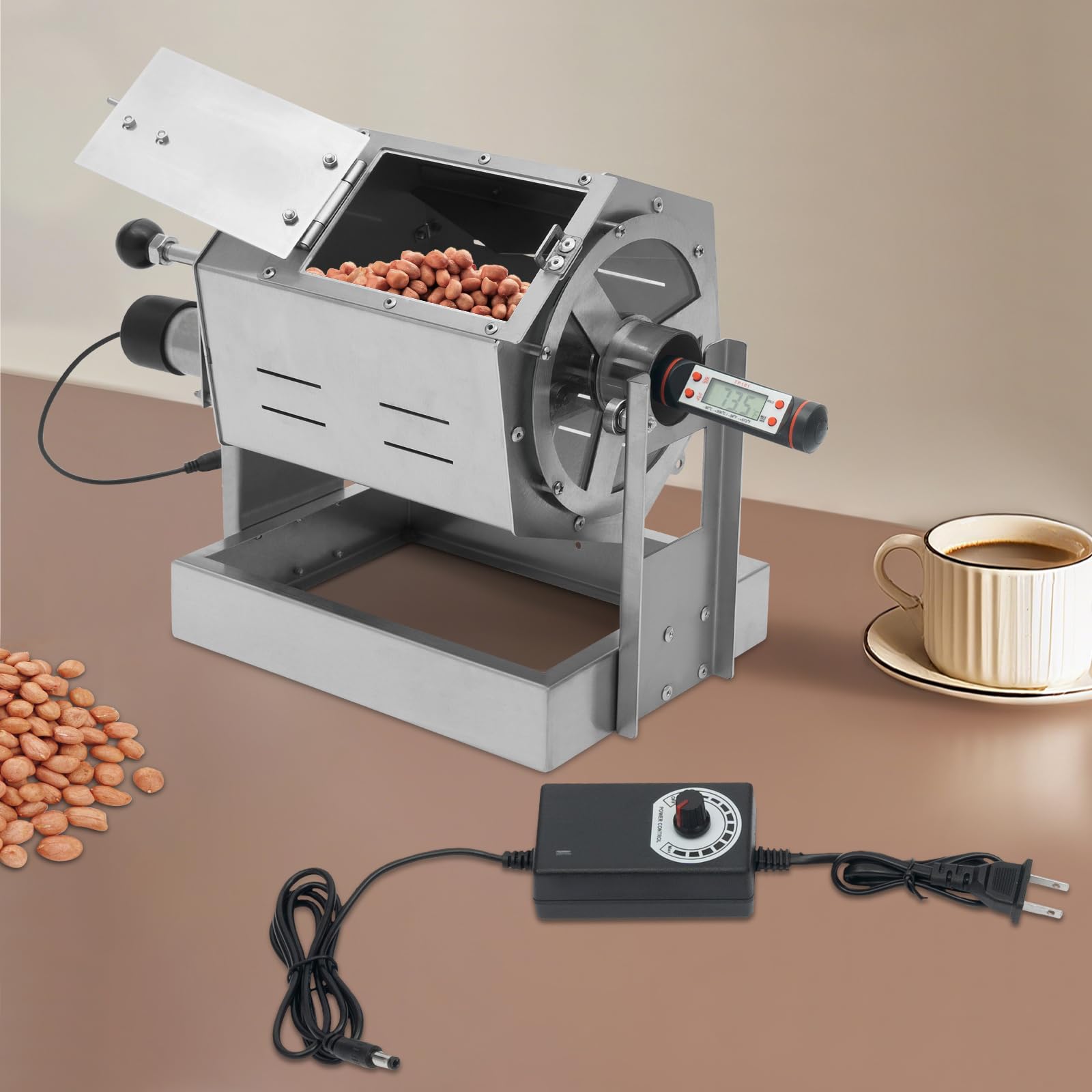 Pattosaey Coffee Bean Roaster, Stainless Steel Drum Roaster with Glass Window, Adjustable Speed, Built-in Thermometer, Suitable for Home/Commercial Use