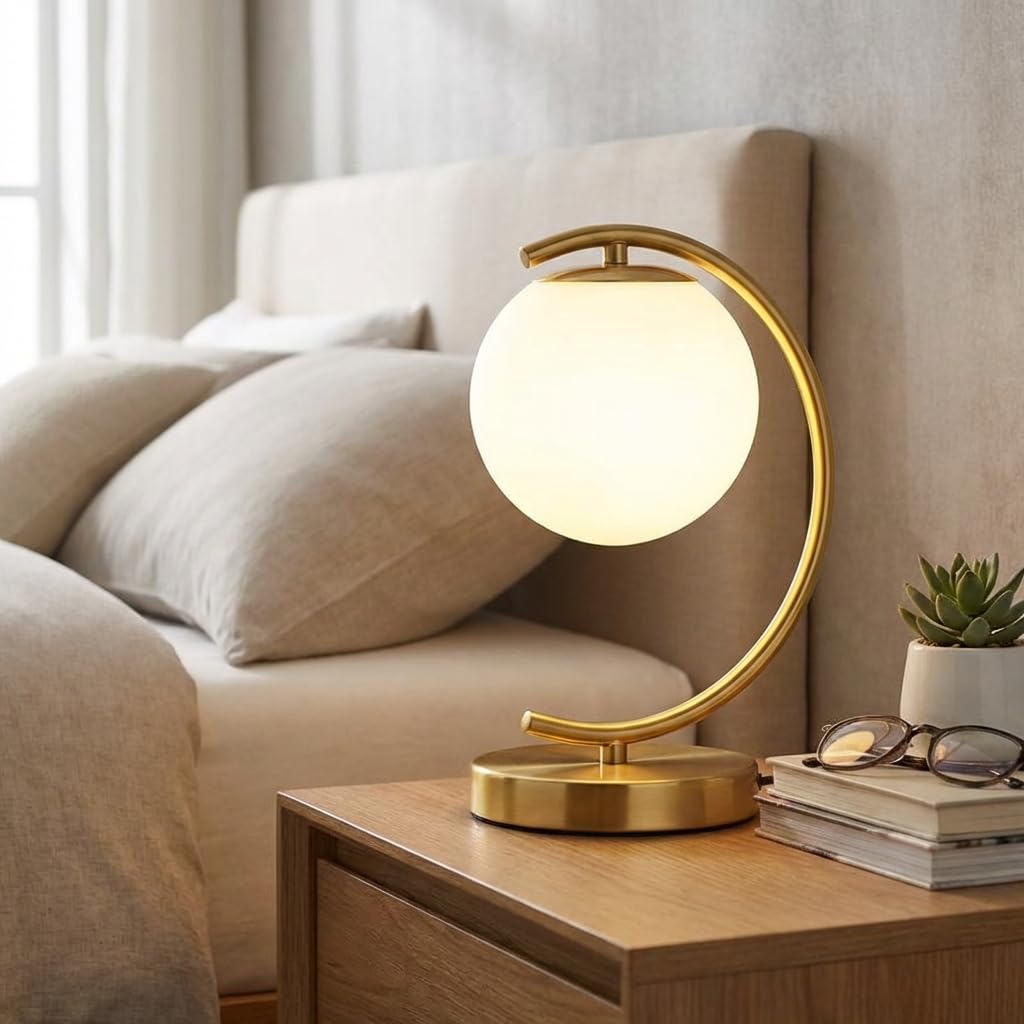 BARCELONA LED Lampada da tavolo di design moderno e lussuoso, sfera in vetro opalino bianco con struttura in alluminio curvato finitura platino dorato, stile rétro elegante per camera e soggiorno