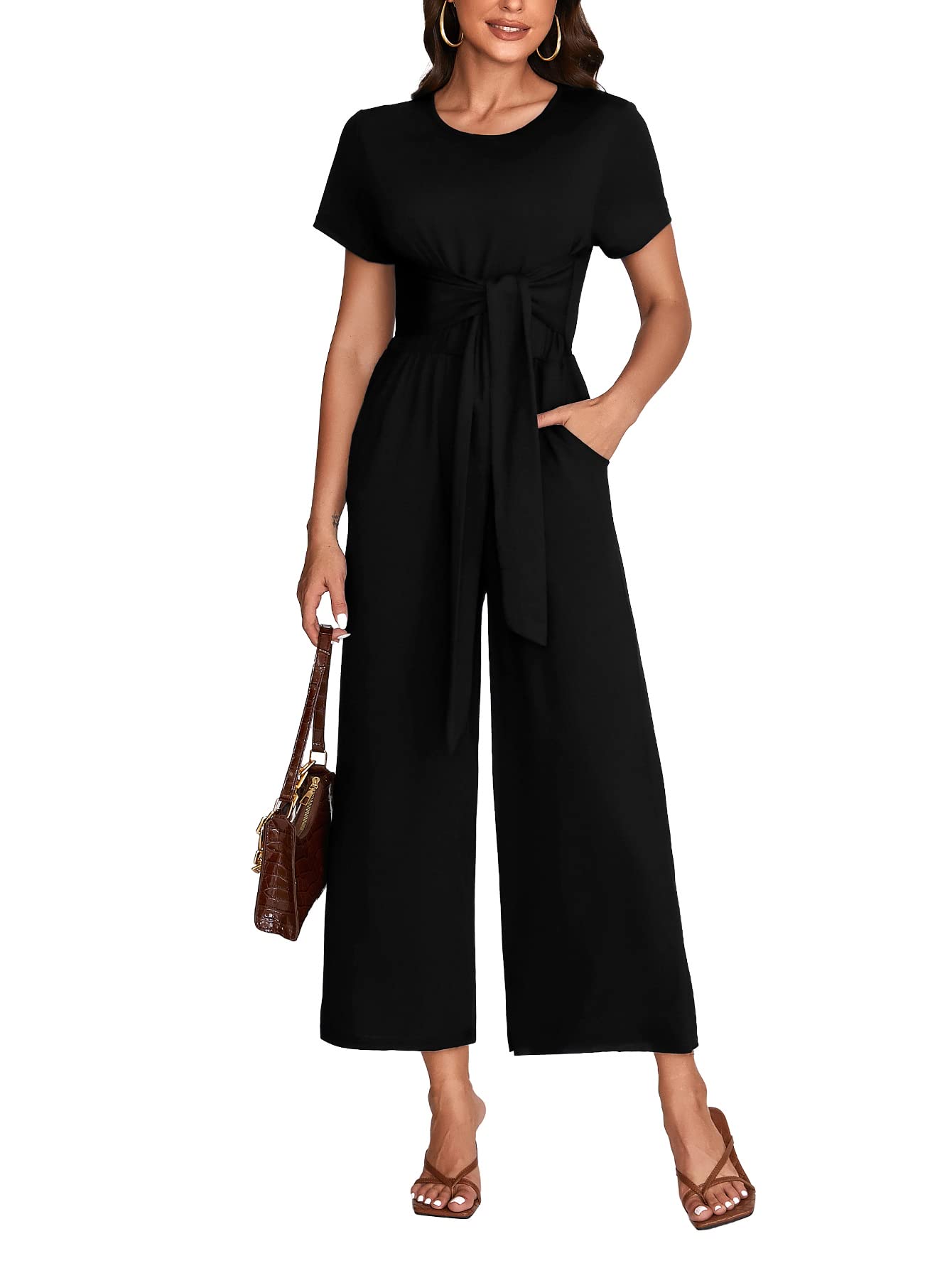 Photo 1 of Vrtige Women's Round Neck Short Sleeve Tie Waist Pants Jumpsuit Romper with Pockets X-Large Black#