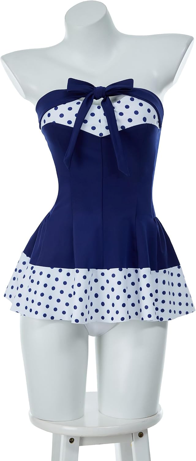 daizbella Women One Piece Swimsuits 50's Vintage Retro Navy Blue Tummy Control Bathing Suit