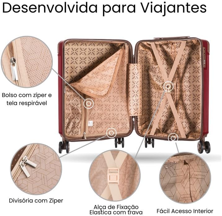 SANTINO Mala de Bordo Palazzio Rígida ABS 10kg com 8 Rodas 360 Graus e Trava de Segredo Padrão ANAC