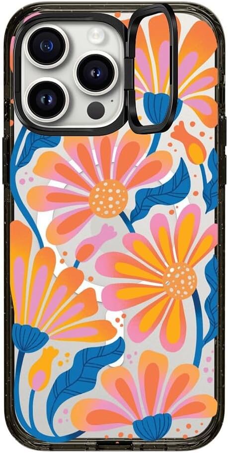 CASETiFY Impact Ring Stand Case for iPhone 15 Pro Max [3X Military Grade Drop Tested / 6.6ft Drop Protection/Compatible with Magsafe] - Flower Prints - Lazy Daisy - Clear Black