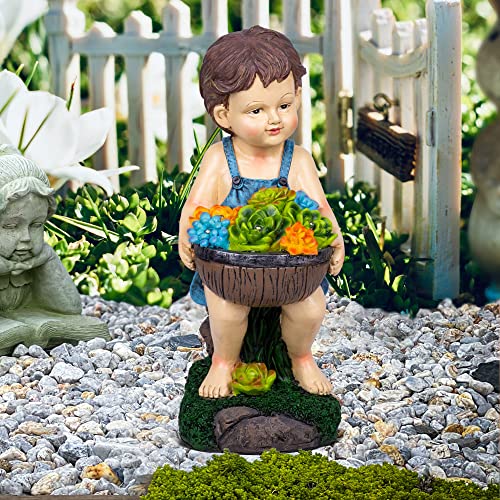 Ottsuls Solar Boy Garden Statue, Waterproof Resin Outdoor Sculpture Decor with Flowers and 4 LED Lights for Patio Yard Lawn Porch Art Decoration Ornament Housewarming Christmas