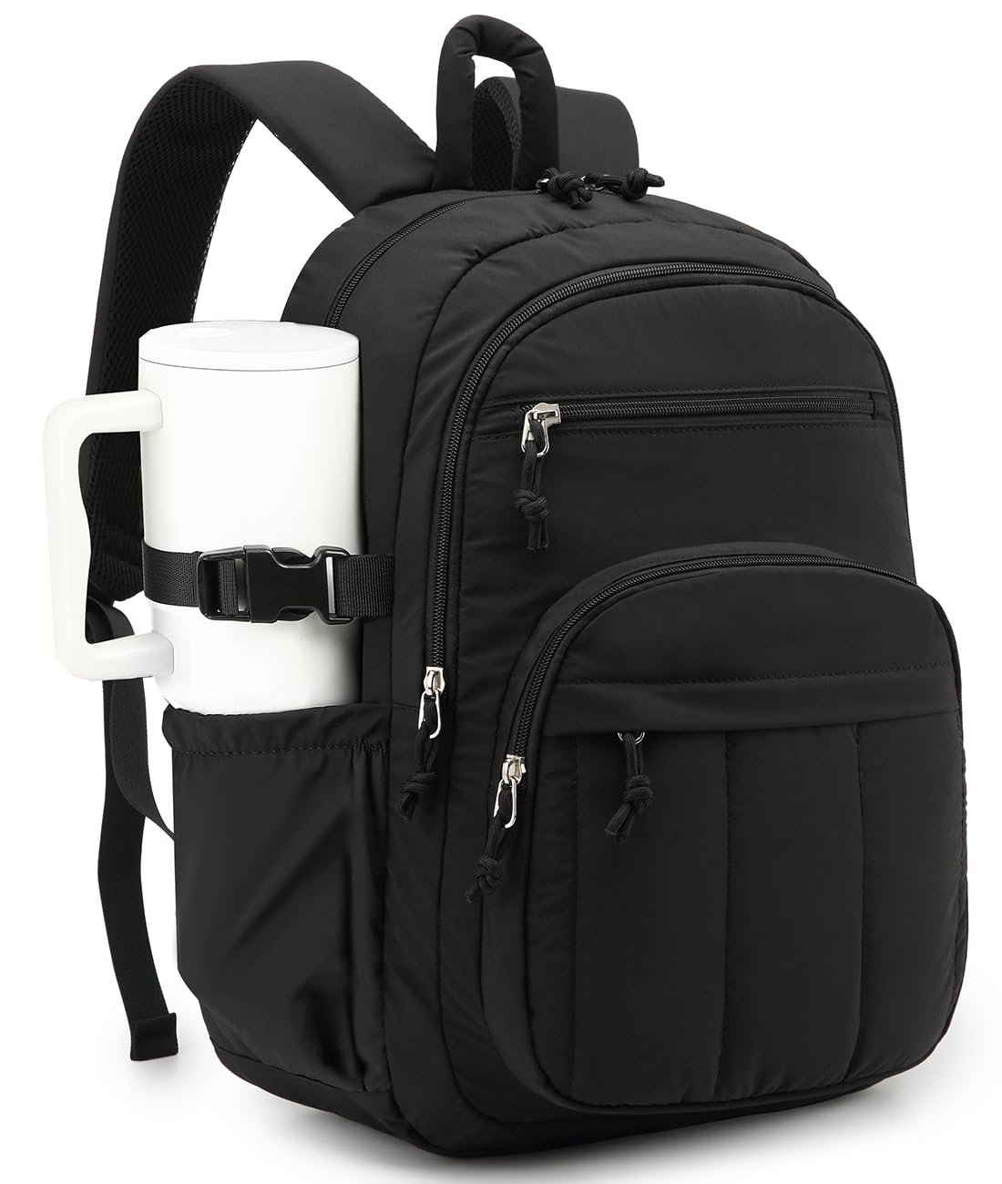 Backpack for Women, Quilted Laptop Bookbag with Pouch Pockets for College Work Travel Gym Teacher Nurses, Puffer High School Backpack for Girls, Black