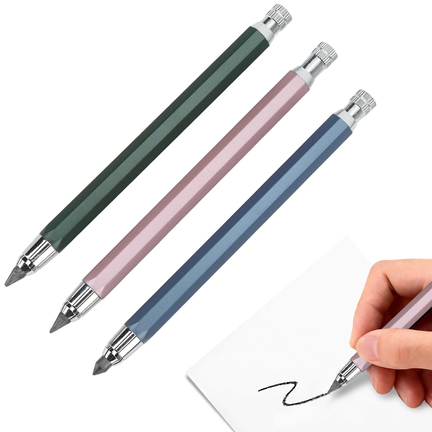 Tissting 3 Piezas de Portaminas de 5.6 mm – Lápiz Carpintero de Grafito Mecánico, Juego de Marcadores con Cuchilla Integrada (Azul, Rosa, Verde)