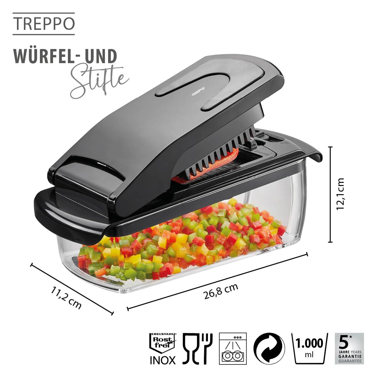GEFU Würfel- und Stifteschneider TREPPO - Multi Küchenschneider für Obst und Gemüse, Zwiebeln, Pommes Frites, Käse, Salat