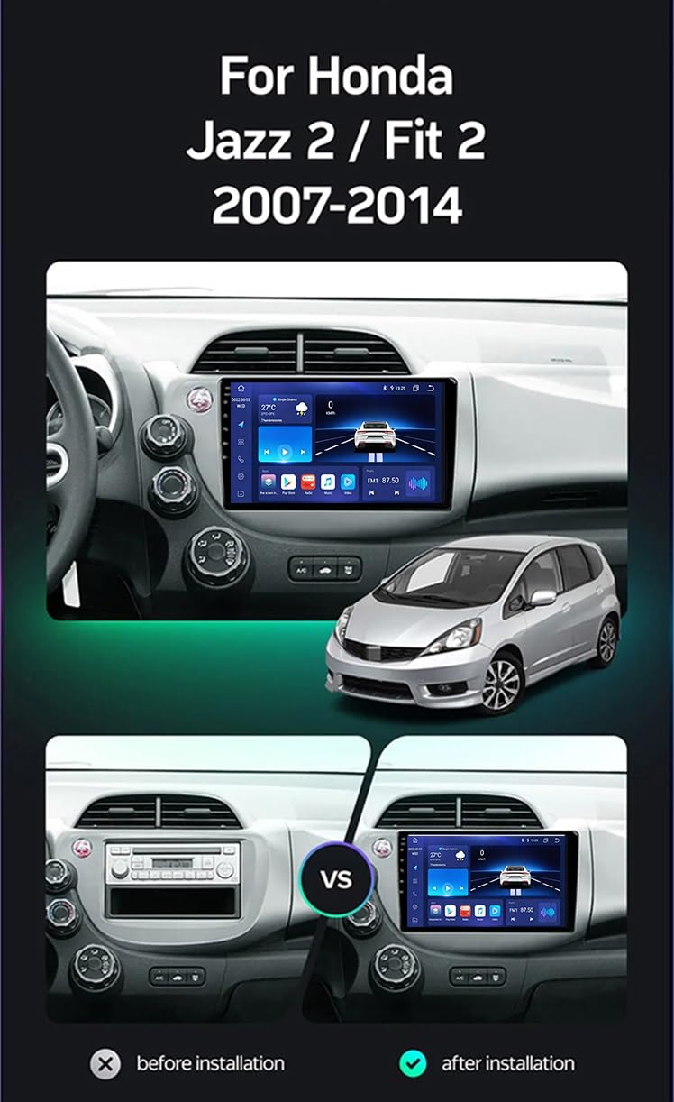 Autoradio Android per Honda Jazz 2 Fit 2 GG 2008-2014 Schermo Touchscreen QLED Android Auto CarPlay Musica Wireless/Bluetooth/FM/AM/RDS/WiFi/GPS/ADAS DVR/Ventola Di Raffreddamento