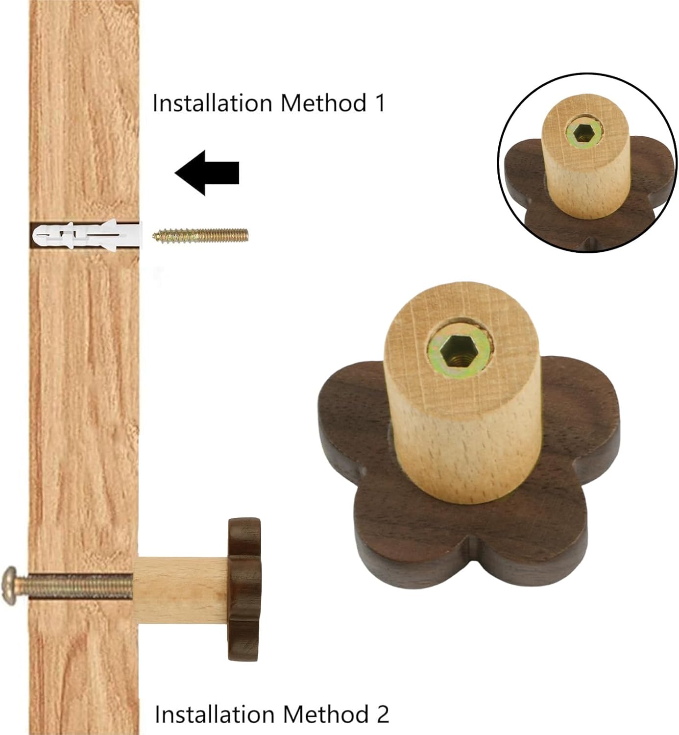 MOROBOR 4pcs Flower Shaped Wooden Cabinet Knobs, Single Hole Walnut Wood Handles Nursery Pulls for Chest of Drawers with Screws & Expansion Tube