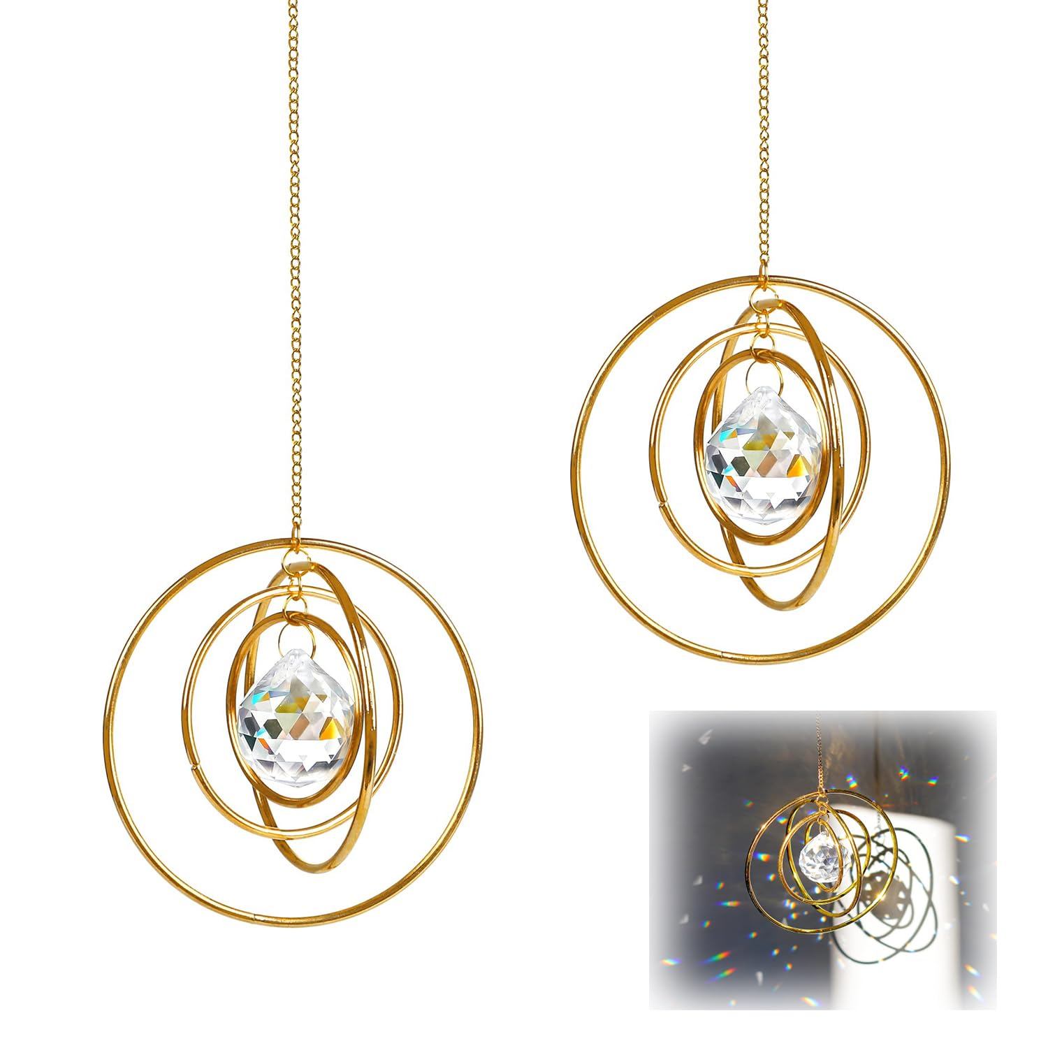 JOYOLA 2pcs Suncatcher, Crystal Galaxy Suncatcher, Hanging Rainbow Prism Window, Hanging Rainbow Sun catcher for Windows, Glass Ball Prism Sun Catcher With 8 Brass Circles