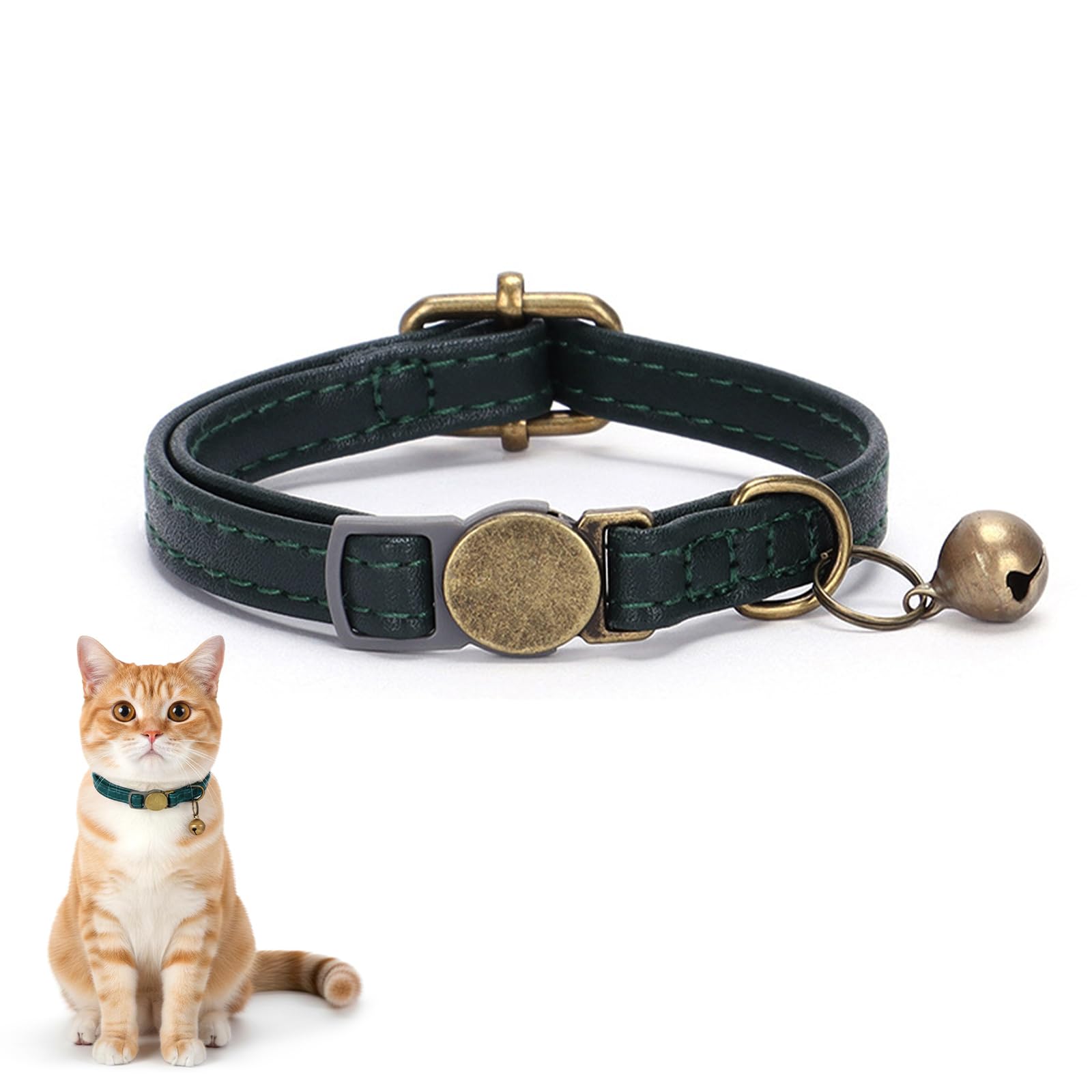 Nymora Breakaway Cat Collar with Bell, Quick Release Leather Collar for Cats & Small Dogs, Dark Green Adjustable Pet Collar (15-30cm)