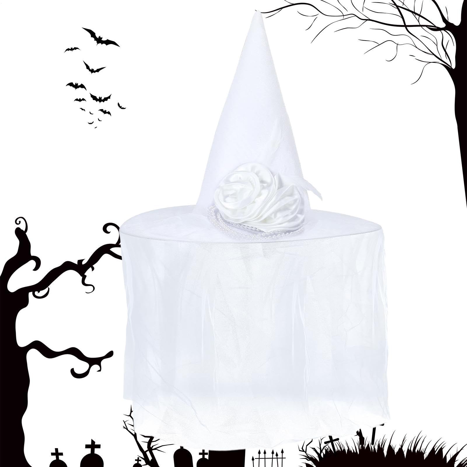 Witch Hat White Dress Up Headwear with Veil and Flower