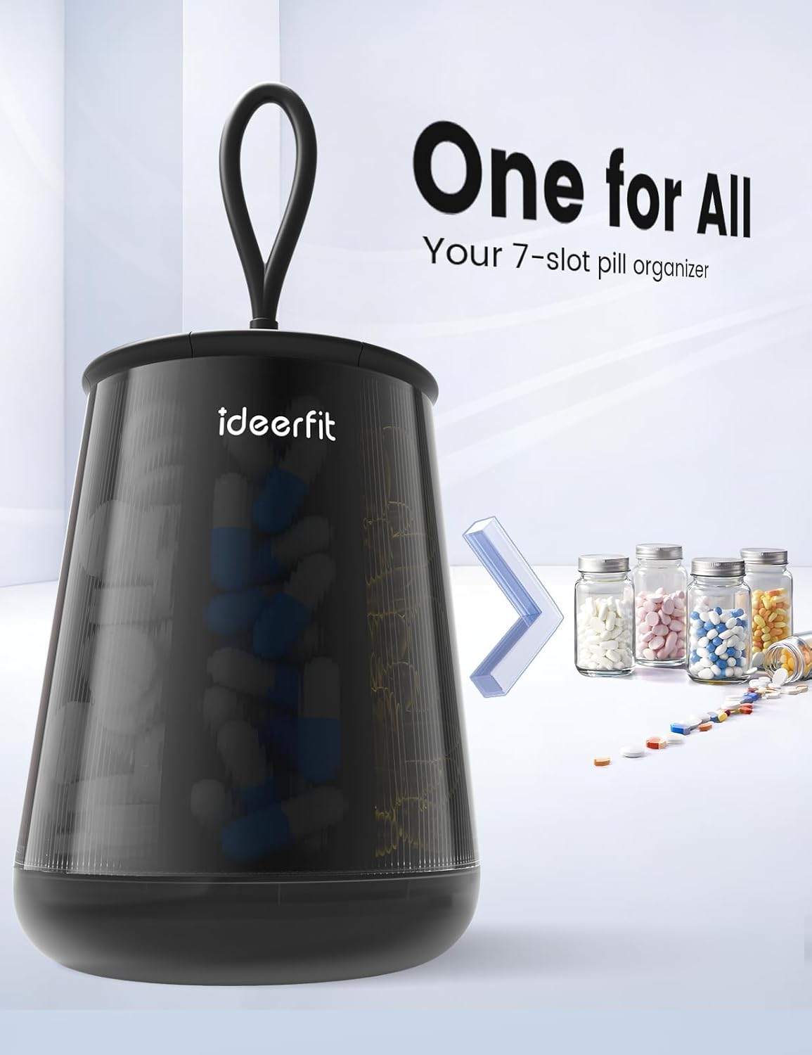 Anti-Mixing Large Pill Dispenser with 7 Compartments, Moisture-Proof & Light-Blocking Pill Bottle Organizer for Vitamins and Supplements, with Color Labels (Black)