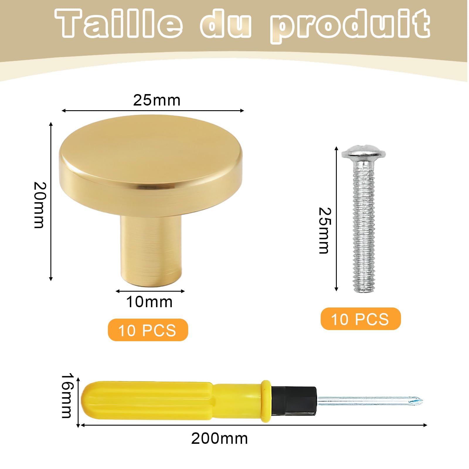 VEGCOO 10 Pcs Bouton de Meuble Or 25mm Aluminium Alliage Double Usage Tournevis Vis Poignée de Placard Moderne Ronde Gold 25 × 20 mm