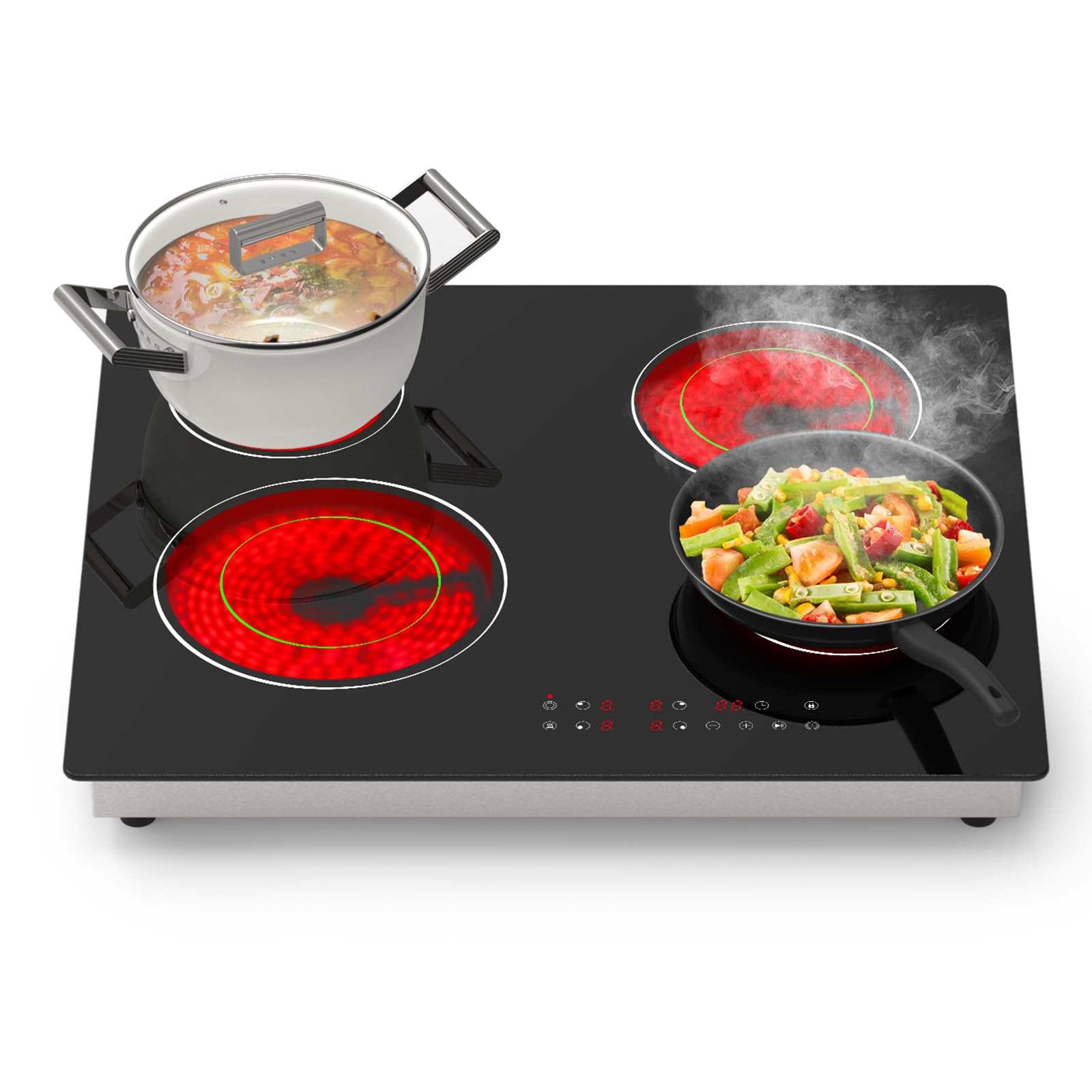 Argyolas Placa Vitrocerámica 4 Fuegos Empotrada – 6700W Cocina Eléctrica de Cristal Negro con Control Táctil, Zona Doble Extensible, Temporizador 99 Min, Seguridad Infantil, 230V