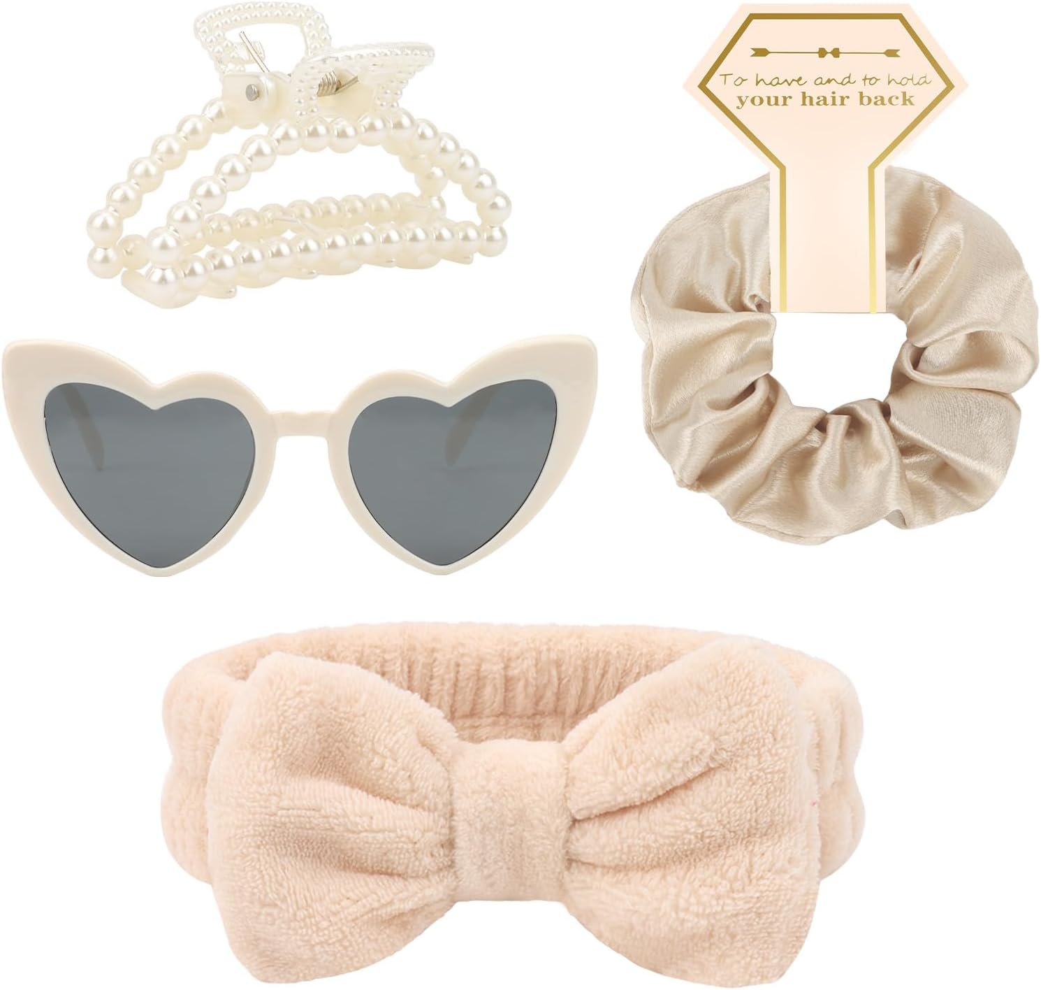 WHAVEL 4PCS Bridesmaid Proposal Gifts Pearl Claw Clips Satin Hair Scrunchies Heart Sunglasses Spa Headband Bachelorette Party Favors Bridal Party Gifts Wedding Day Essentials,Champagne