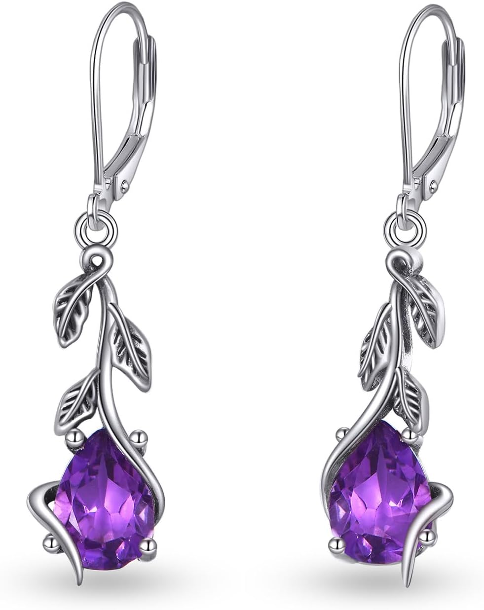 10x7MM Genuine Amethyst Leaf Dangle Earring for Women 925 Sterling Silver Natural Amethyst Drop Earrings Jewelry for Her Wife Mom