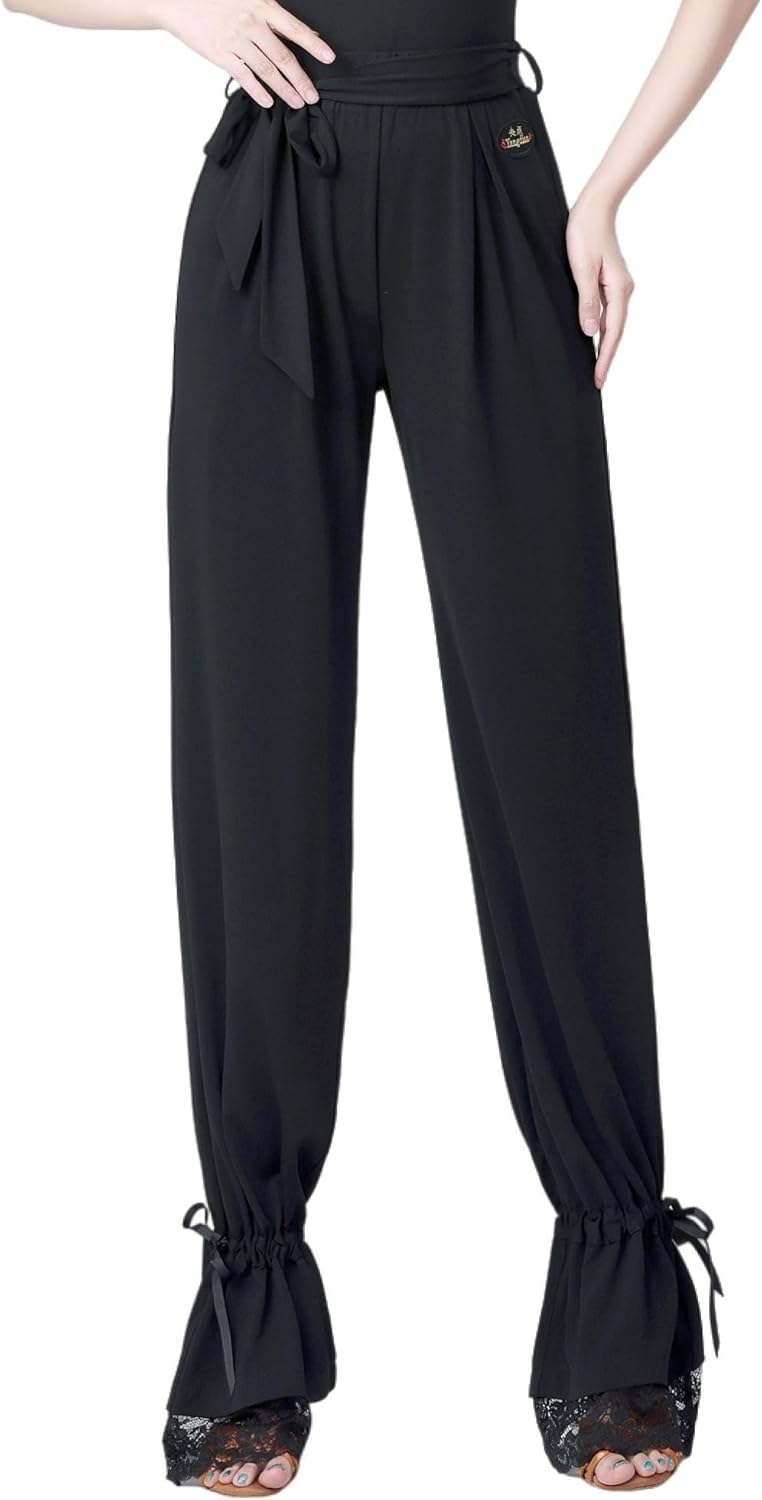 Women's Elastic Waist Latin Dance Training Suit Lace-up Lacework Trousers Ballroom Dance Pants - Image 2