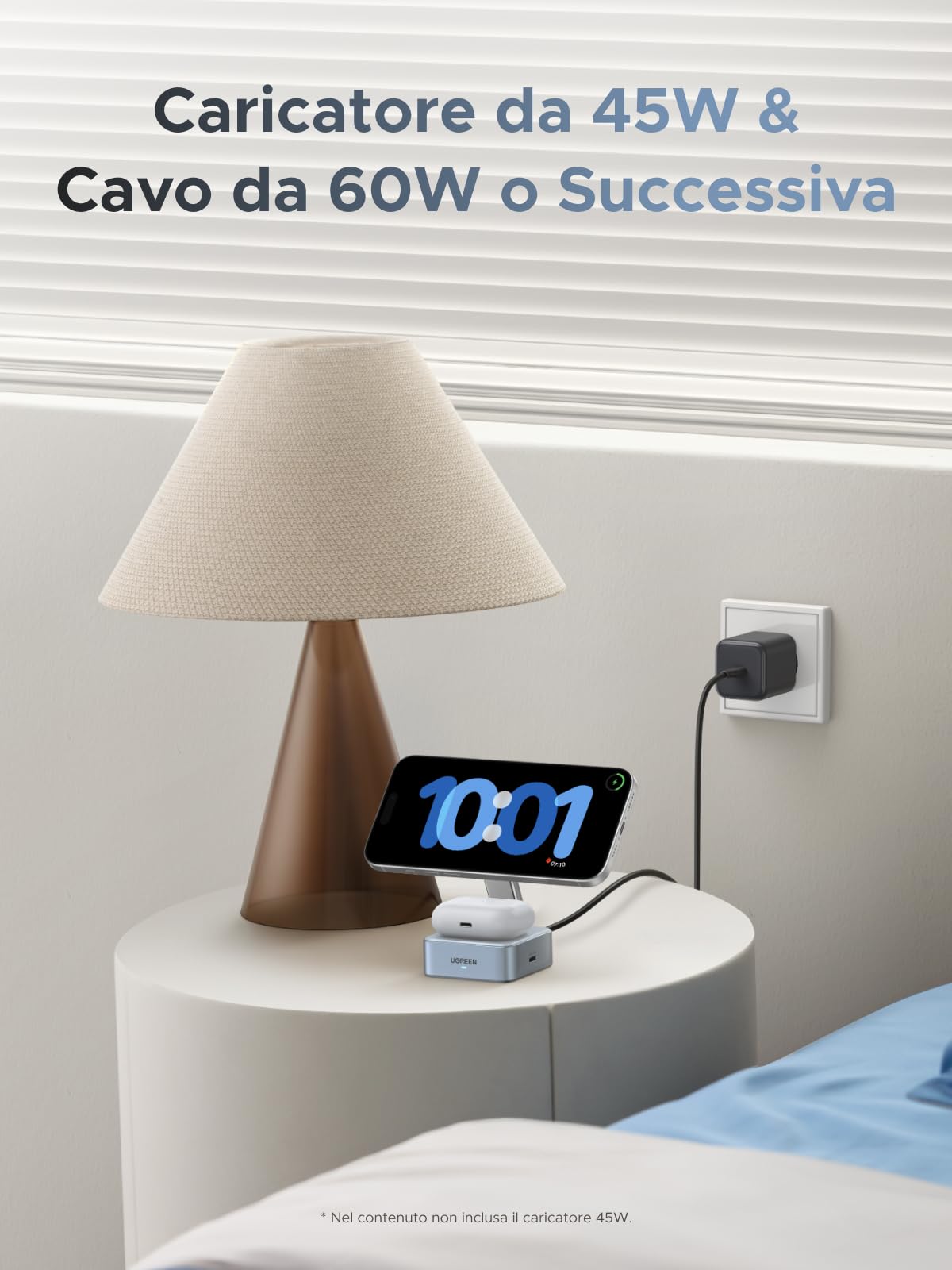 UGREEN MagFlow Qi2 25W Caricatore Wireless iPhone 2 in 1 | Compatibile con iPhone 17 16 15 14 13 12 Air Plus Pro Max AirPods 4 3 Pro 3 2 1, Stazione di Ricarica Wireless, Regolabile
