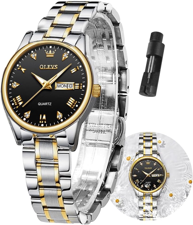 OLEVS Women Watches Gold Silver Stainless Steel Waterproof Analog Large Easy Reader Day Date Ladies Wrist Watch