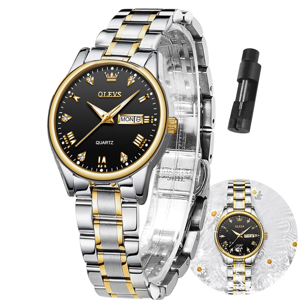 OLEVS Gold Watches for Women Classic Stainless Steel Waterproof Womens Wrist Watch Small Face Ladies Watches with Day Date Analog Quartz Dress Women's Watch Casual Gold Silver Black Dial Female Watch