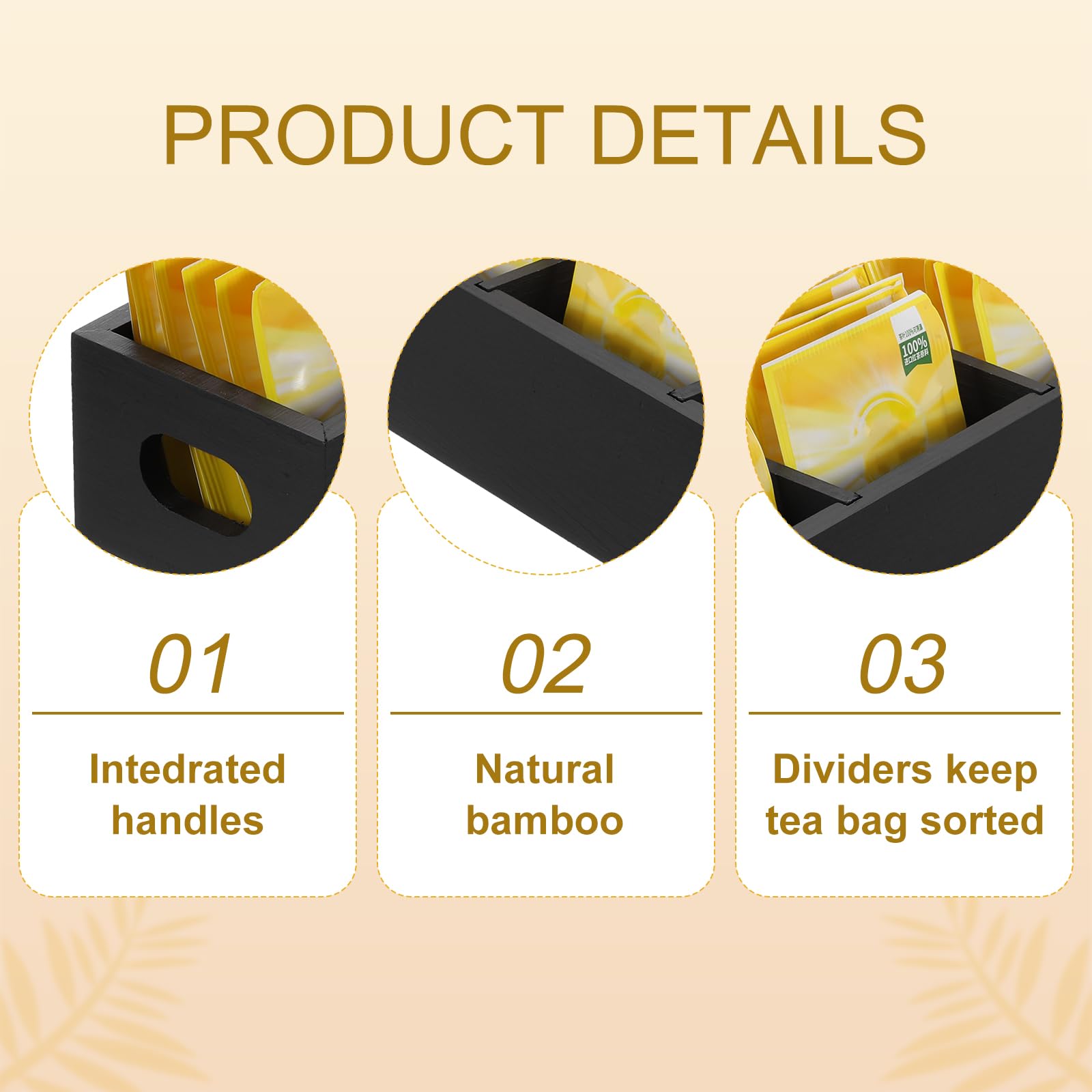 QUARKZMAN Organizador de Bolsitas de Té, Caja de Té de Madera de Pino con 3 Compartimentos Y Asa, Organizador de Almacenamiento de Té para Bolsitas de Té, Negro