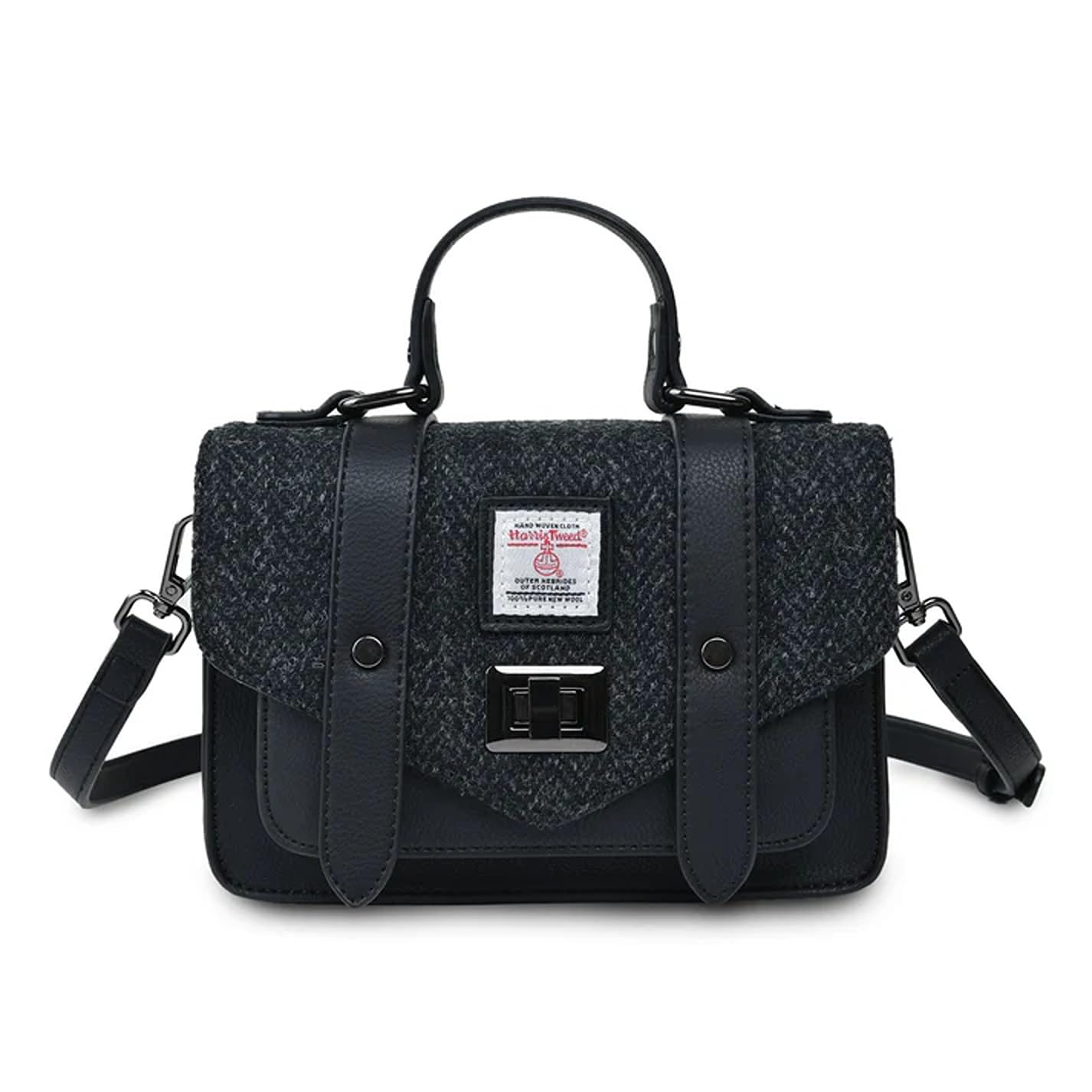 Islander Harris Tweed Mini Satchel, Handbag for Women, Flap and Microfiber Leather, Black Herringbone