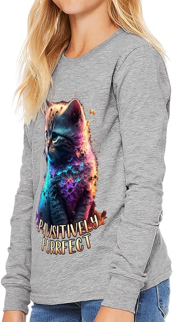 Pawsitively Purrfect Kids' Long Sleeve T-Shirt - Print T-Shirt - Cat Art Long Sleeve Tee