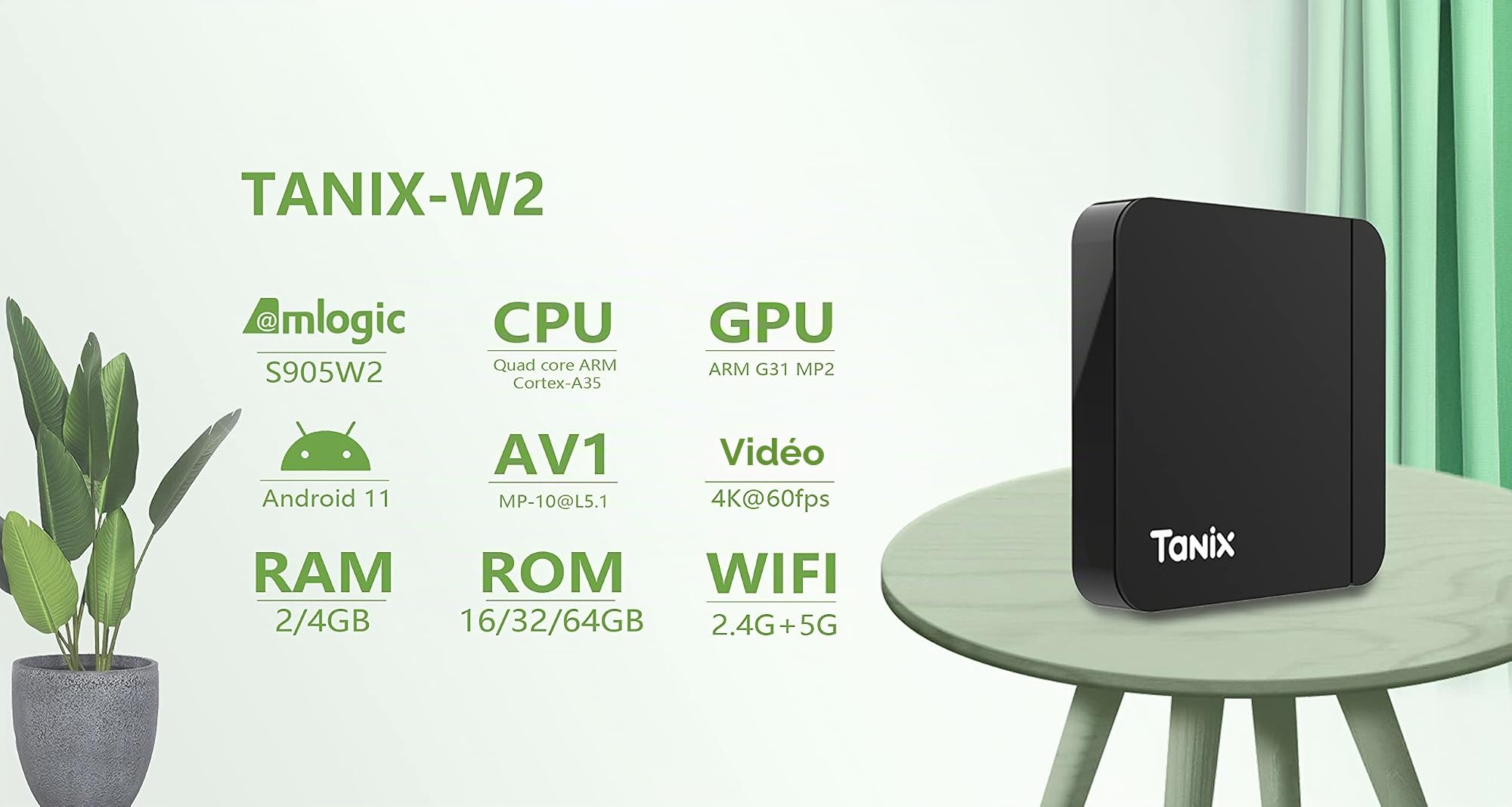 Tanix W2 Boîtier TV Android 11.0 Amlogic S905W2 Quad Core RAM 4 Go ROM 32 Go Double WiFi 2.4G/5.8G BT4.2 4K 6K AV1 Home Smart Media Player Set Top Box
