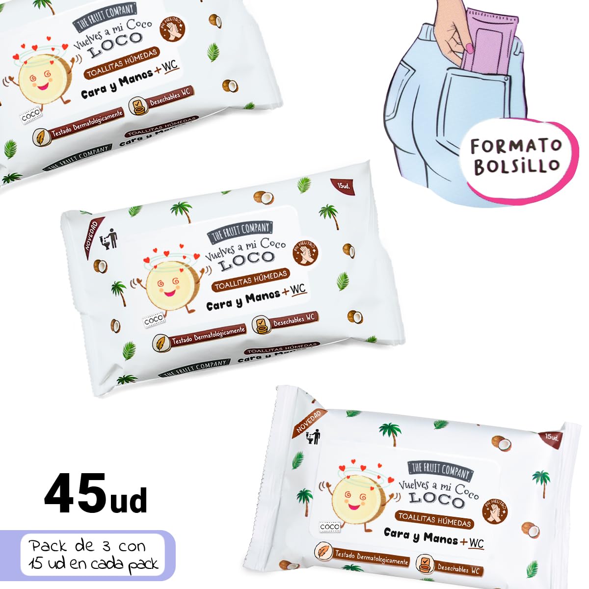 The Fruit Company - Toallitas Húmedas COCO Manos y Cara WC Formato Bolsillo Pack 3